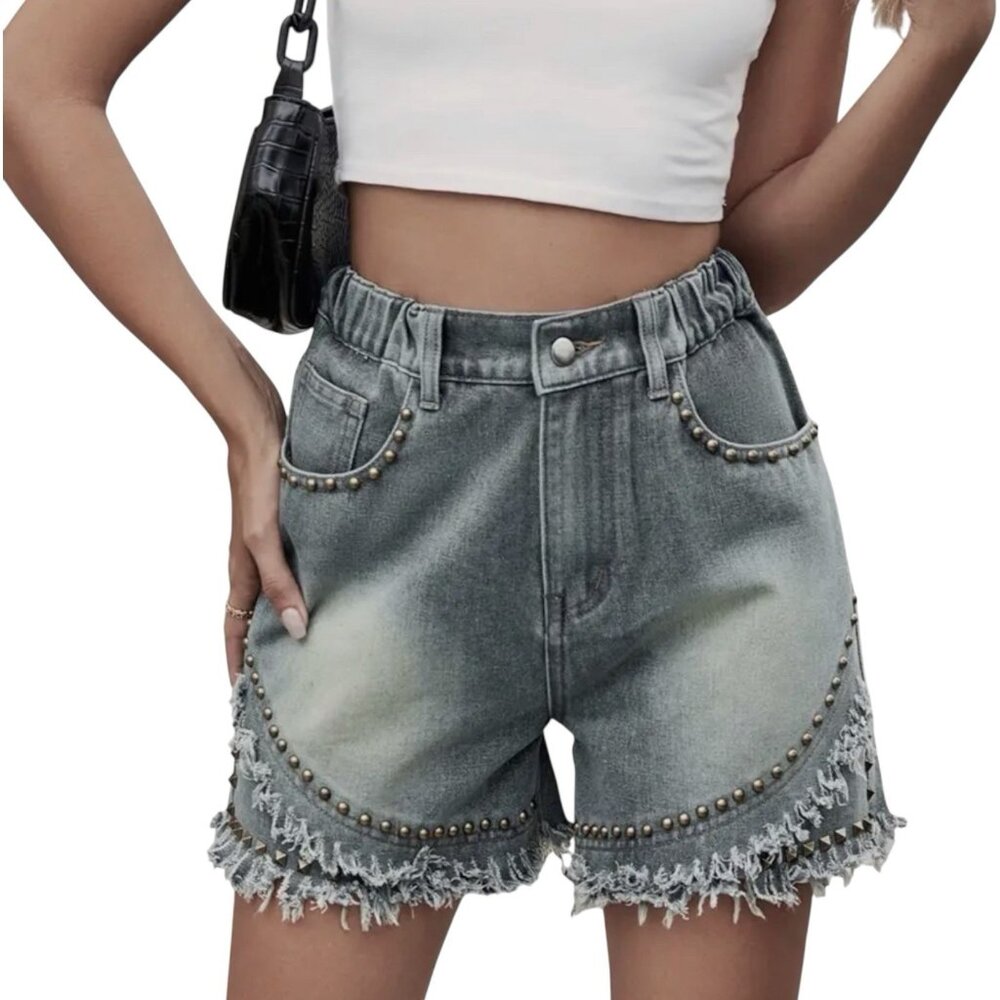 Women Studded Denim Shorts Size L High Elastic Waist Decorated Studs Frayed Hem